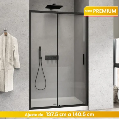 MAMPARA CORREDERA FRONTAL PREMIUM MATTE BLACK – 140X190CM | VIDRIO TEMPRADO DE SEGURIDAD TSG 6MM |  PUERTAS REVERSIBLES | INCLUYE EASY CLEAN |  TIRADORES DE ACERO INOXIDABLE | PERFILES DE ALUMINIO NEGRO MATE | AJUSTES 137,5 A 140,5CM