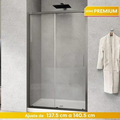 MAMPARA CORREDERA FRONTAL PREMIUM GUN METAL – 140X190CM | INCLUYE EASY CLEAN | PUERTAS REVERSIBLES |  VIDRIO TEMPLADO DE SEGURIDAD TSG 6MM | TIRADORES DE ACERO INOXIDABLE | AJUSTES 137,5 A 140,5CM