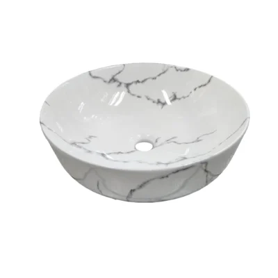 LOZA CIRCULAR MARMOLEADA SOBREPUESTA PARA LAVAMANOS – DIAMETRO 42 CM | BLANCO CON VETAS MARMOLEADAS GRIS | PROFUNDIDAD 14 CM