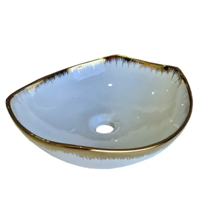 LOZA OVALADA BLANCA CON DORADO SOBREPUESTA PARA LAVAMANOS – 41x38CM | PROFUNDIDAD 15,5 CM