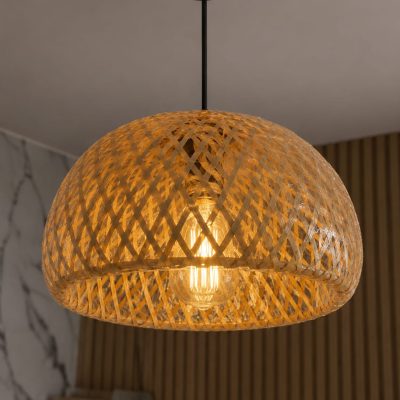 LAMPARA COLGANTE DE BAMBU CHAMPIÑON + AMPOLLETA VINTAGE – 30X18CM